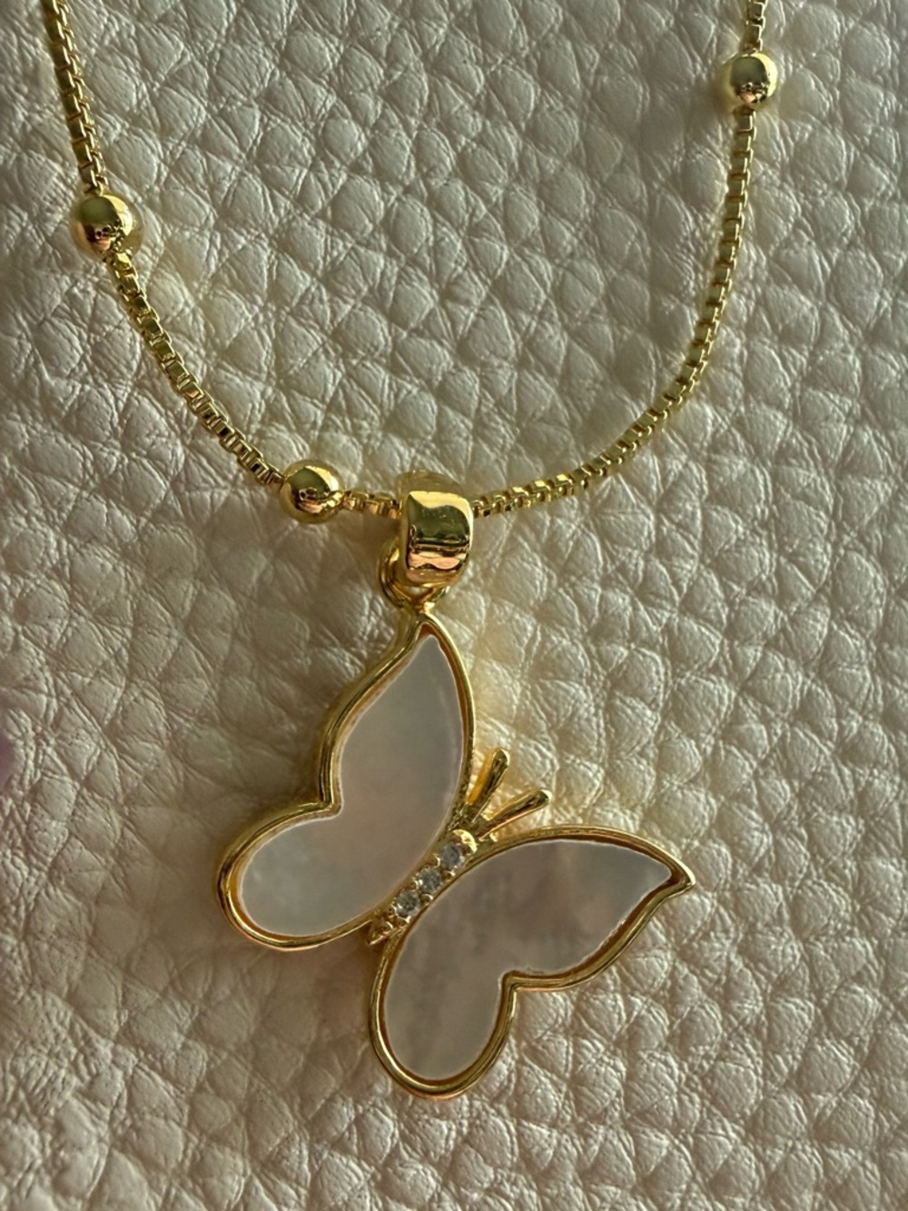 Gold-filled Butterfly Pendant Necklace with Genuine Mother of Pearl